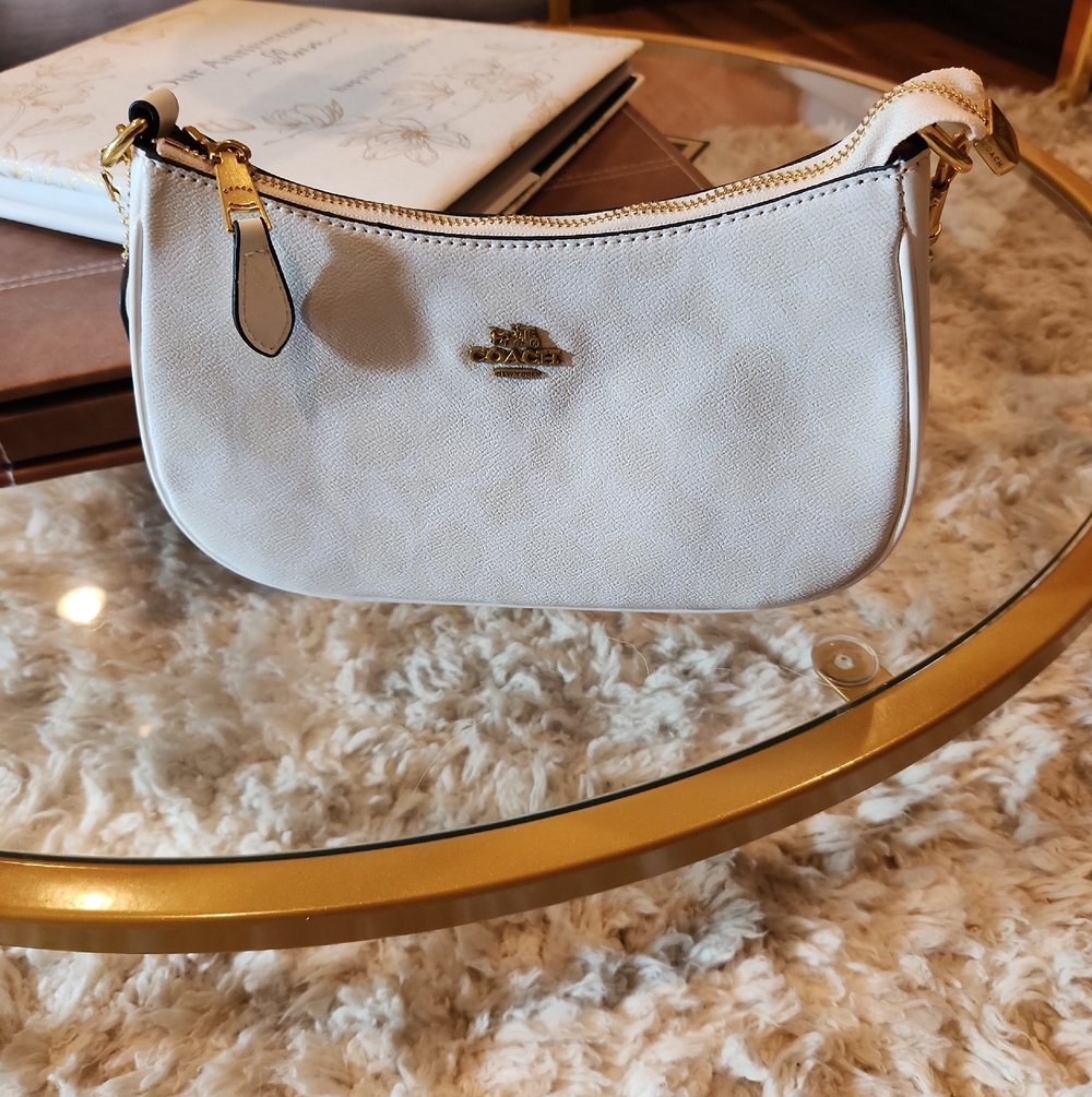 Coach Teri Cream Pebbled Leather Mini Shoulder Bag with Gold Hardware